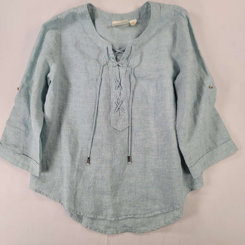 Maeve Anthropologie 100% Linen Lace Up Blouse Top Aqua 3/4 Sleeve Women's 8